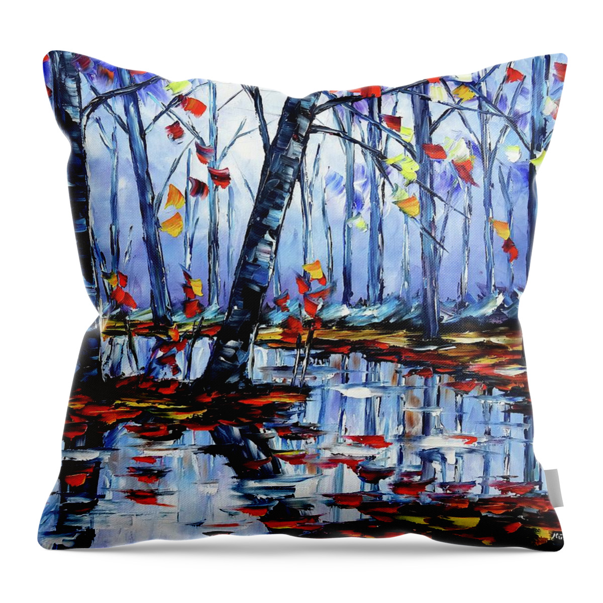 Golden Autumn Throw Pillow featuring the painting Autumn By The River by Mirek Kuzniar