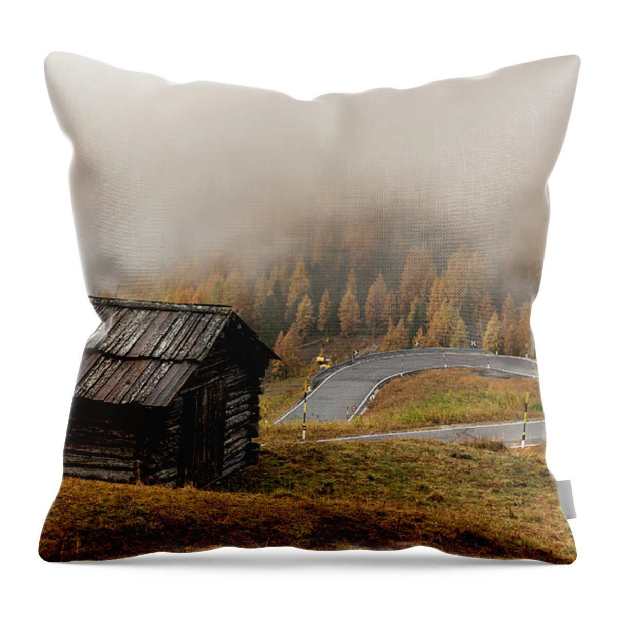 Passo Gardena Throw Pillow featuring the photograph Autumn landscape with wooden chalet dolomiti Italian Apls by Michalakis Ppalis