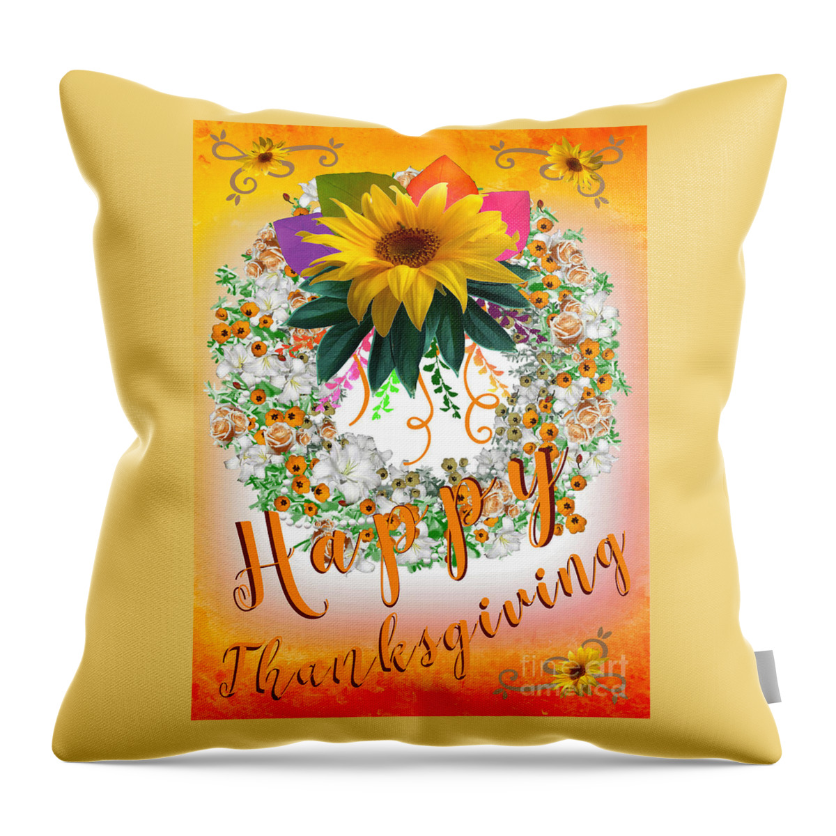 Autumn Throw Pillow featuring the digital art Autumn Orange Happy Thanksgiving Card by Delynn Addams