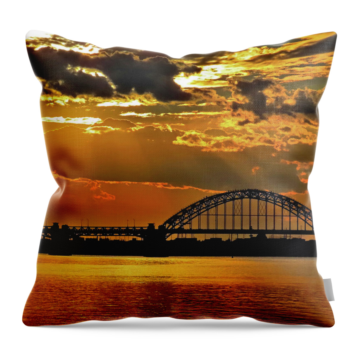 Sunset Throw Pillow featuring the photograph Autumn Sunset Behind Tacony-Palmyra Bridge on the Delaware by Linda Stern