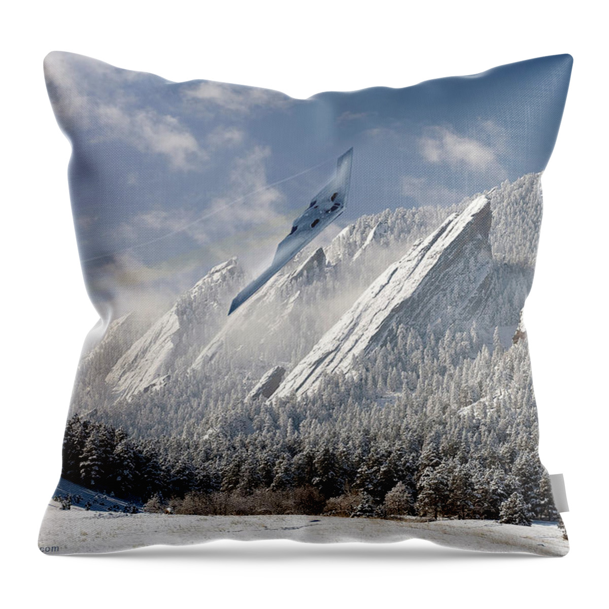 Northrop Throw Pillow featuring the digital art B-2 Spirit Slicing Through the Mountains by Custom Aviation Art