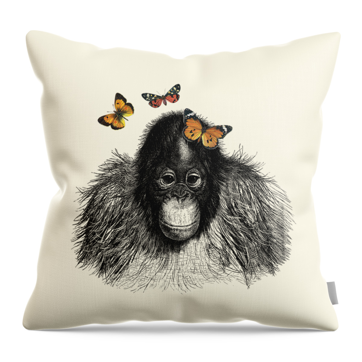 Monkey Throw Pillow featuring the digital art Baby monkey with orange butterflies by Madame Memento