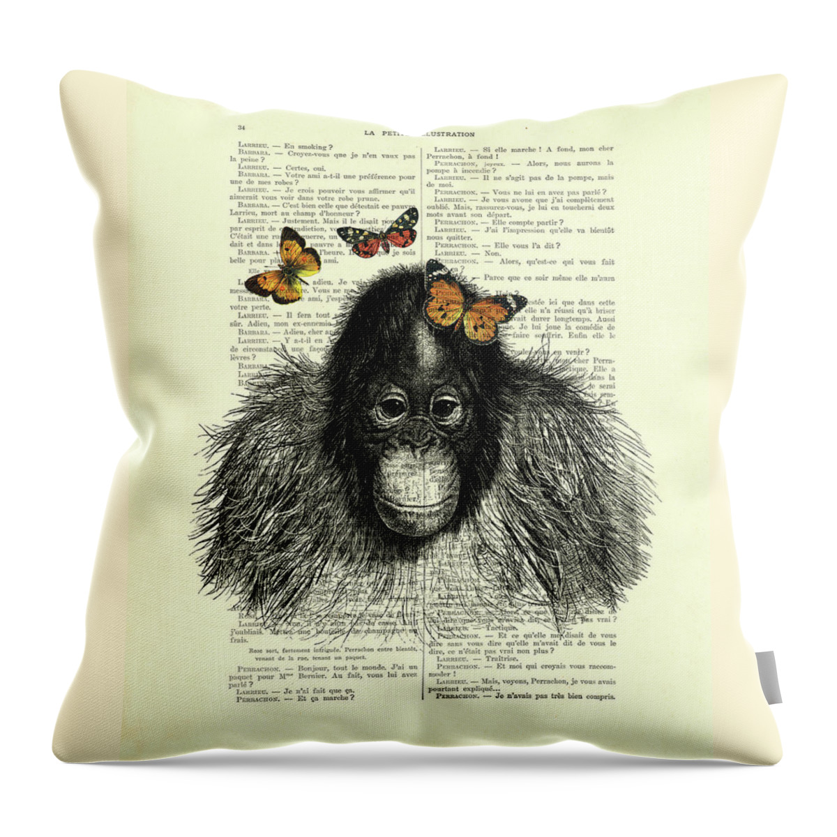 Orangutang Throw Pillow featuring the digital art Baby orangutang with butterflies by Madame Memento