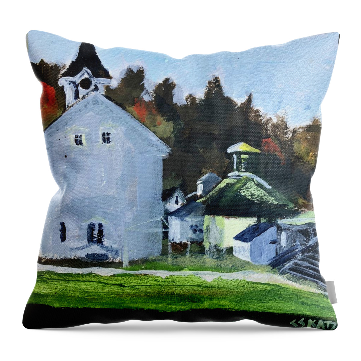 New England Throw Pillow featuring the painting Back of Town Hall by Cyndie Katz