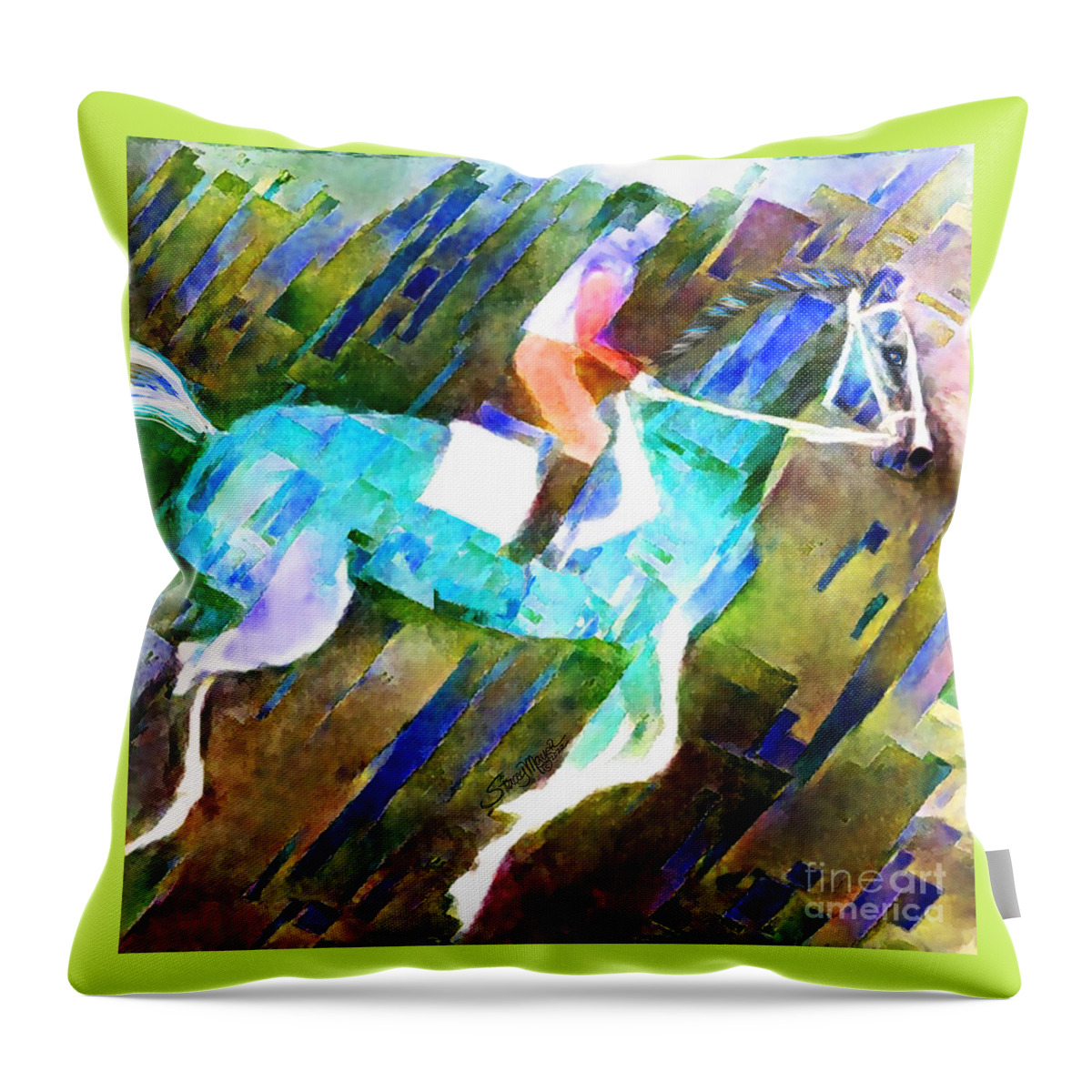Equestrian Art Throw Pillow featuring the digital art Backstretch Thoroughbred 005 by Stacey Mayer by Stacey Mayer