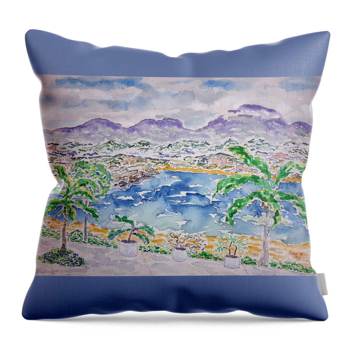 Watercolor Throw Pillow featuring the painting Bahia de Tangolunda by John Klobucher
