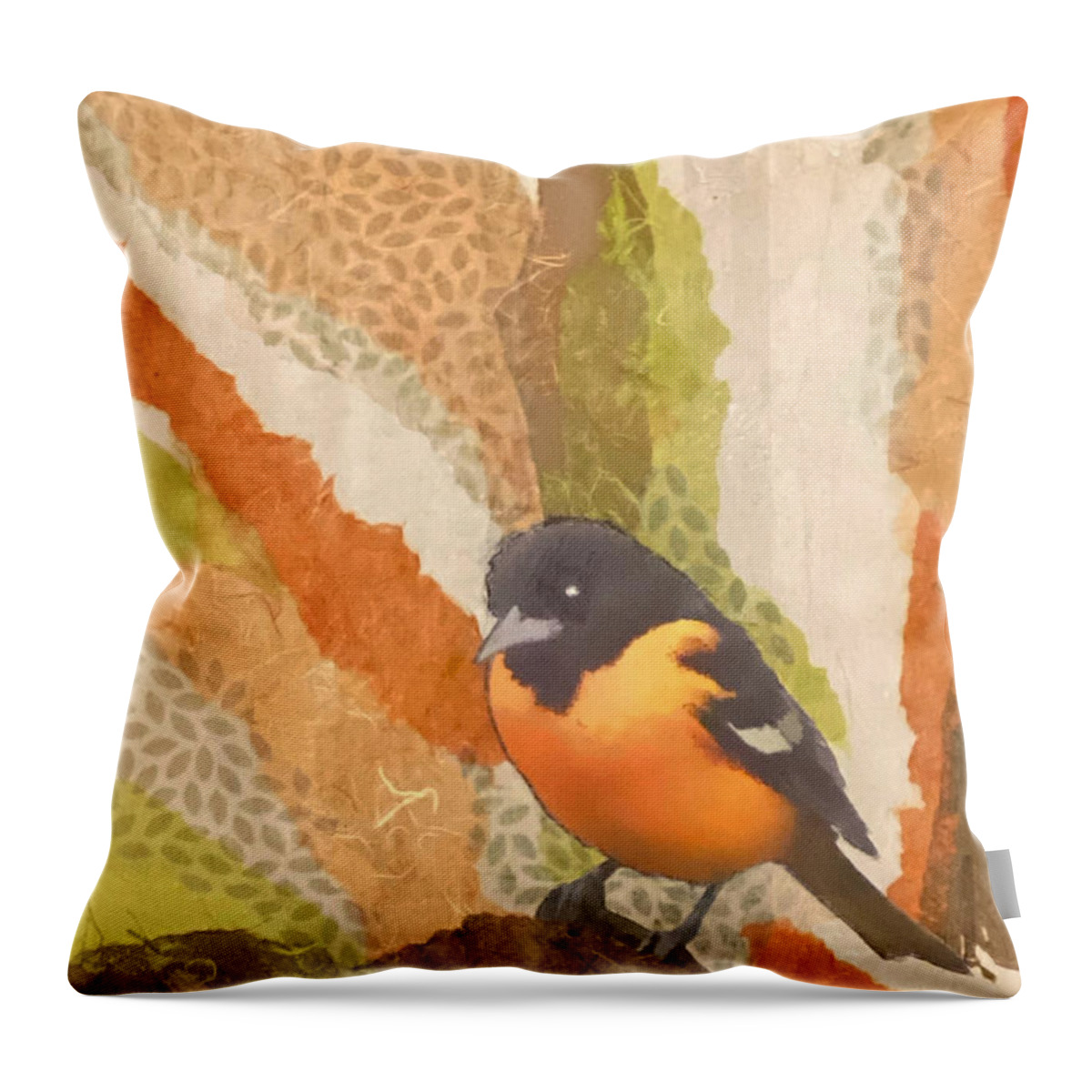 Bird Throw Pillow featuring the mixed media Balltimore Oriole Collage by Jessica Levant