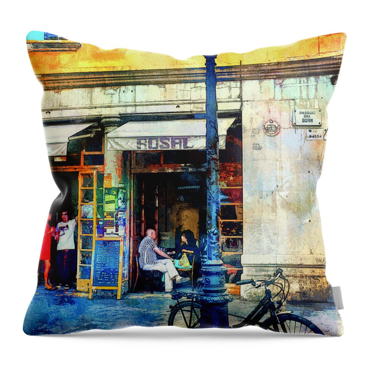 Barcelona Throw Pillow featuring the mixed media Barcelona street cafe and bike by Tatiana Travelways
