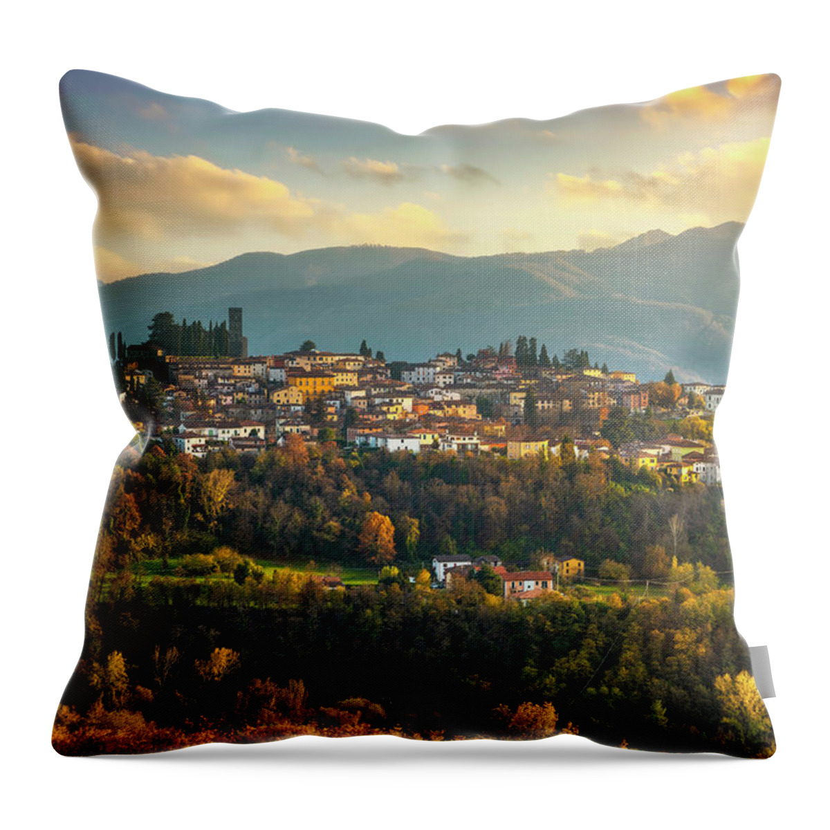 Barga Throw Pillow featuring the photograph Barga village in autumn. Garfagnana, Tuscany by Stefano Orazzini