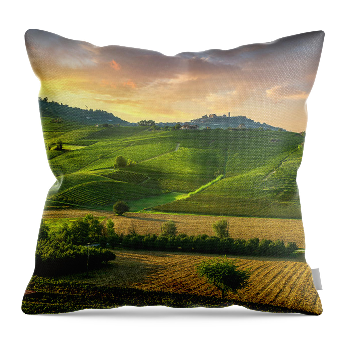 Vineyards Throw Pillow featuring the photograph Barolo wine vineyards and La Morra town. Langhe, Italy by Stefano Orazzini