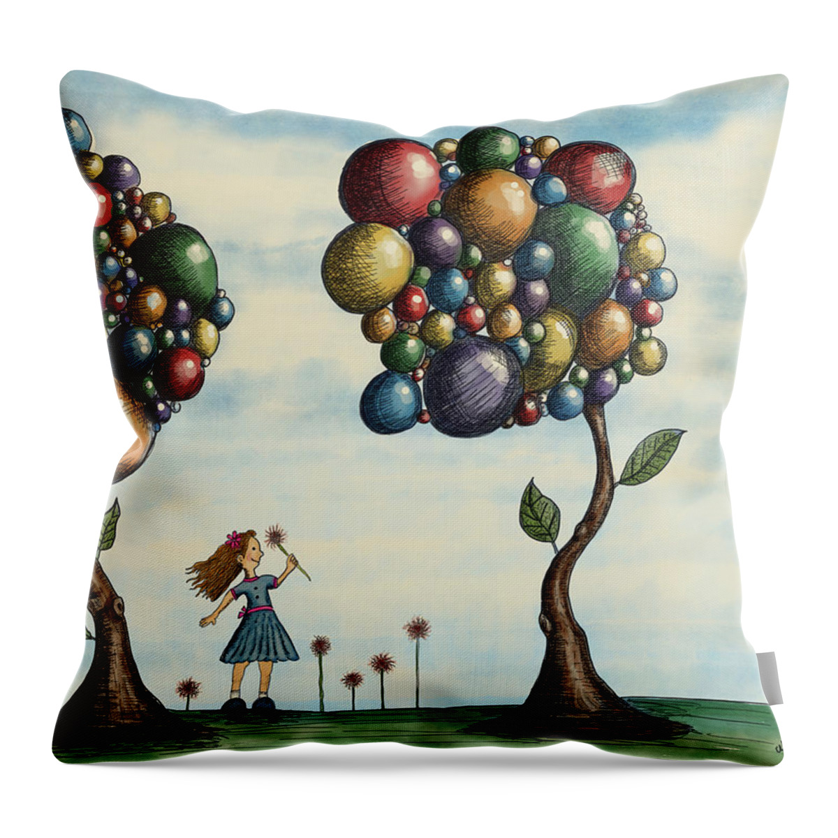 Illustration Throw Pillow featuring the drawing Basie and the Gumball Trees by Christina Wedberg