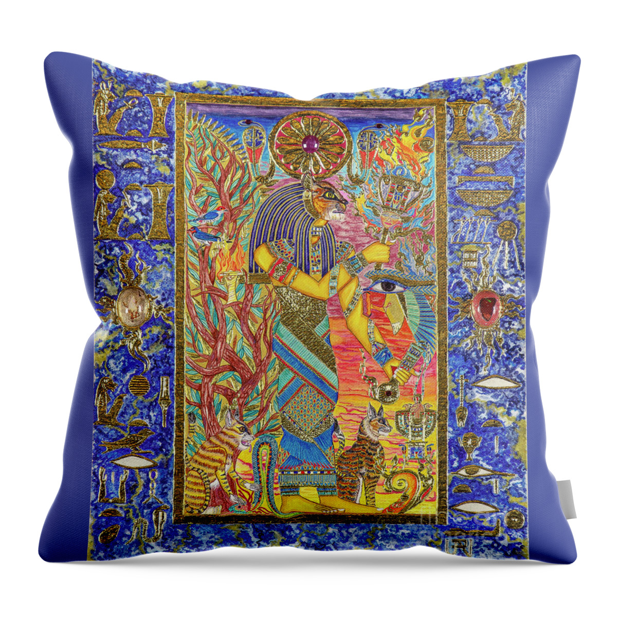Bast Throw Pillow featuring the mixed media Bast the Light Bringer by Ptahmassu Nofra-Uaa