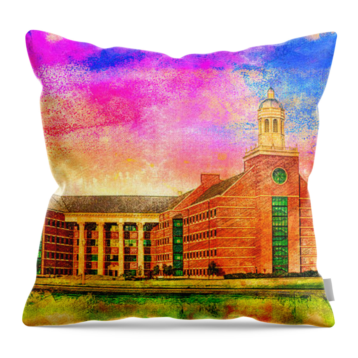 Baylor Science Building Throw Pillow featuring the digital art Baylor Science Building of the Baylor University in Waco, Texas - digital painting by Nicko Prints