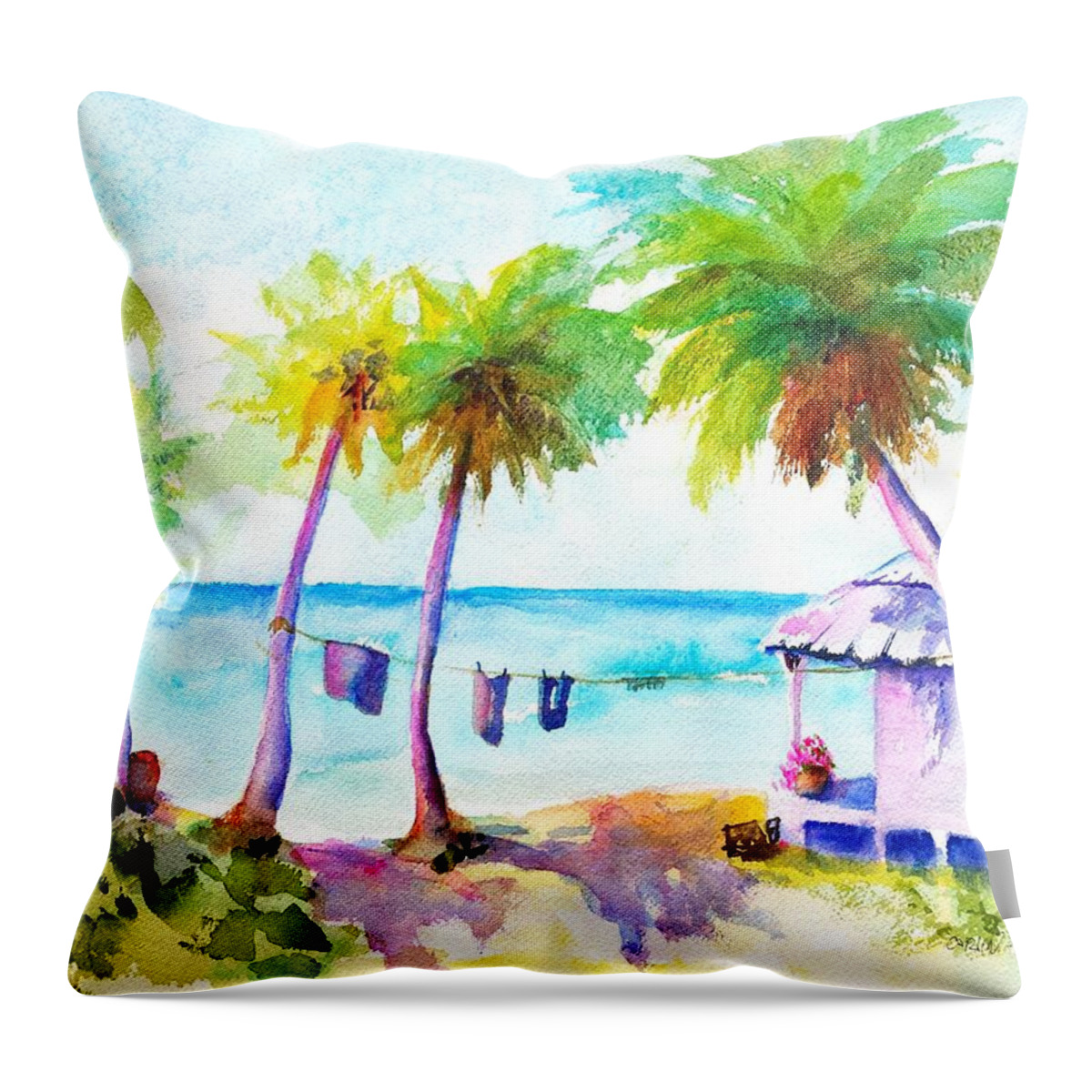 Troical Throw Pillow featuring the painting Beach House Tropical Paradise by Carlin Blahnik CarlinArtWatercolor