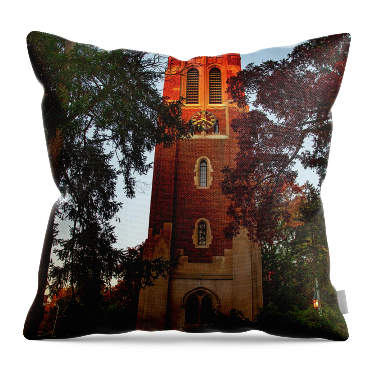 Michigan State University Throw Pillow featuring the photograph Beaumont Tower on the Michigan State University campus at sunrise by Eldon McGraw