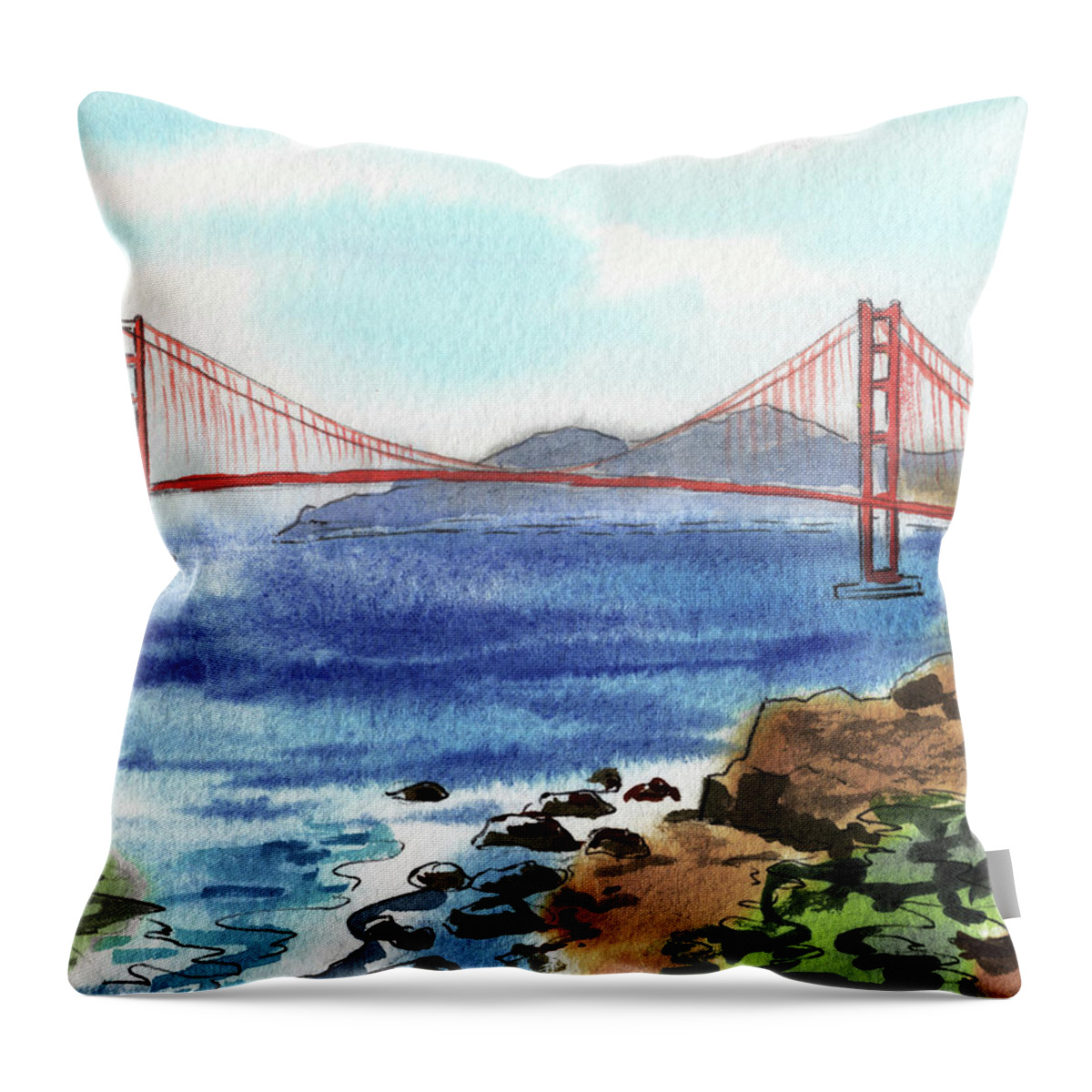 Bridge Throw Pillow featuring the painting Beautiful Golden Gate Bridge San Francisco Bay Watercolor by Irina Sztukowski