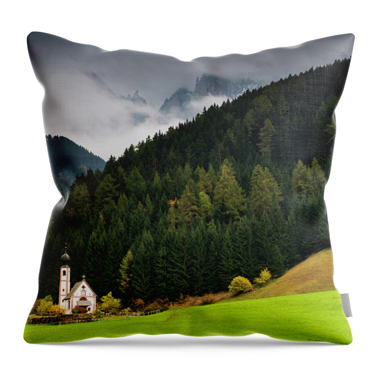 Dolomite Mountains Throw Pillow featuring the photograph Beautiful small Alpine church in Italy. by Michalakis Ppalis