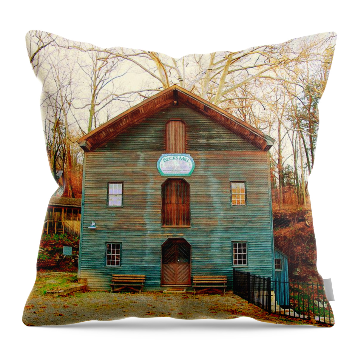 Mill Throw Pillow featuring the photograph Becks Mill in Autumn by Stacie Siemsen
