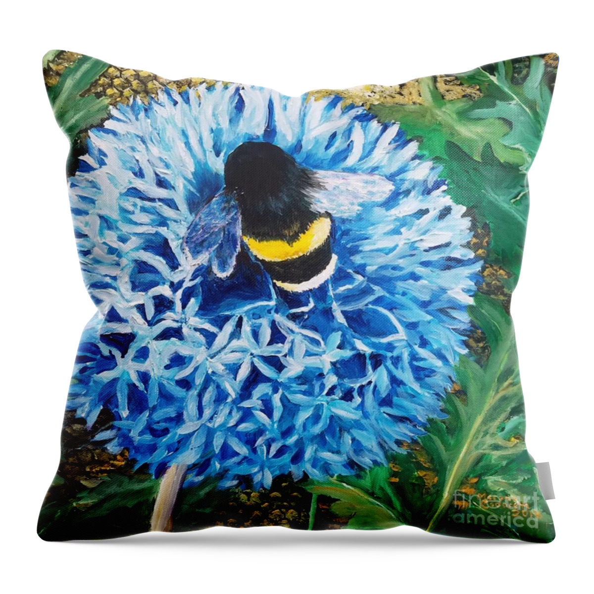 Flower Throw Pillow featuring the painting Bee Prepared by Merana Cadorette