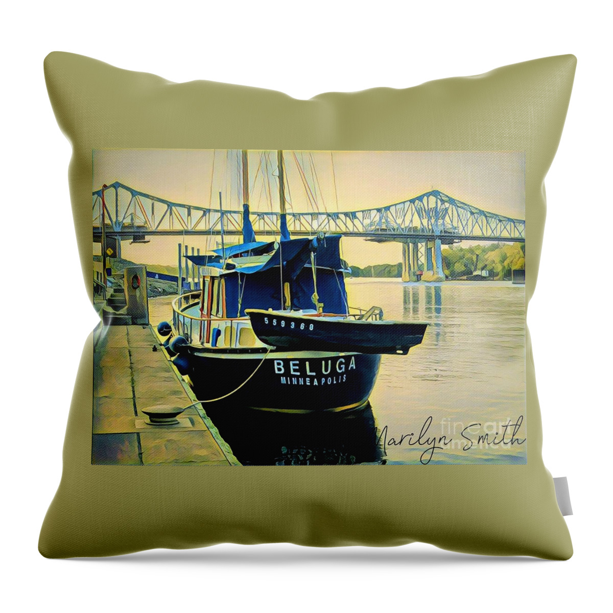 Mississippi River Throw Pillow featuring the painting Beluga at Winona by Marilyn Smith
