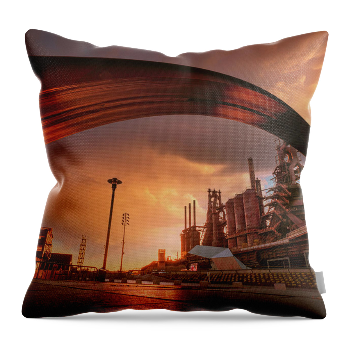 Bethlehem Throw Pillow featuring the photograph Bethlehem SteelStacks Under The Bridge - Stormy Skies by Jason Fink