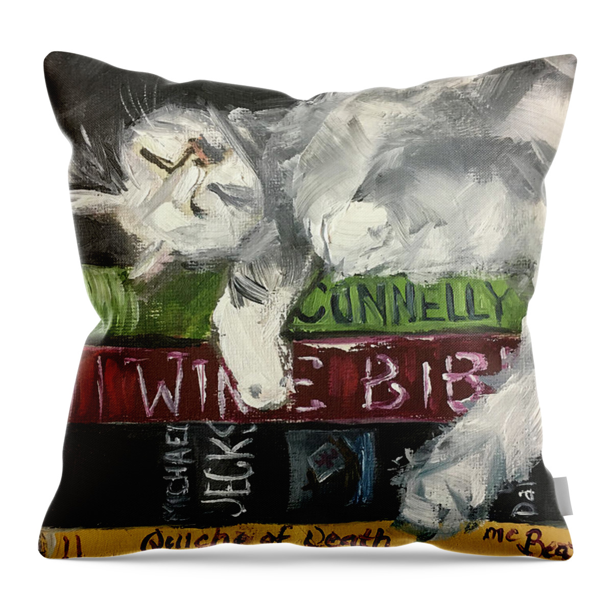 Sleepy Cat Throw Pillow featuring the painting Biblio Cat by Roxy Rich