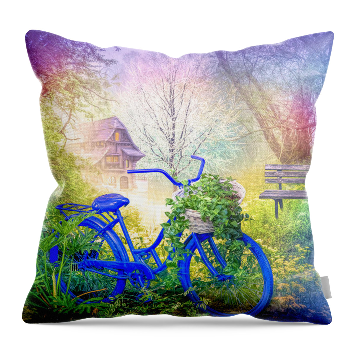 Barn Throw Pillow featuring the photograph Bicycle in the Mist by Debra and Dave Vanderlaan