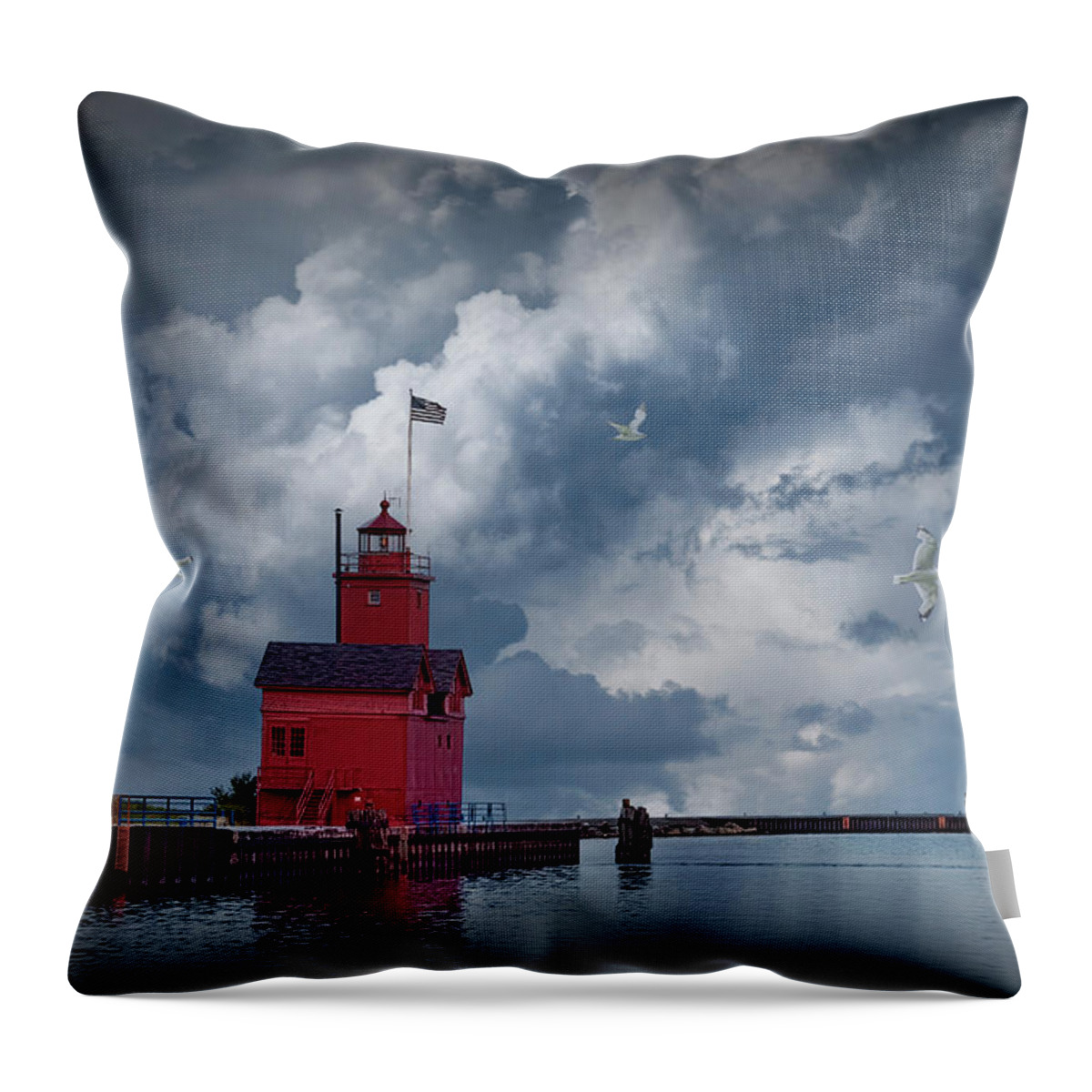 Art Throw Pillow featuring the photograph Big Red Lighthouse with Large Cloudy Sky and Flying Gulls at Ott by Randall Nyhof