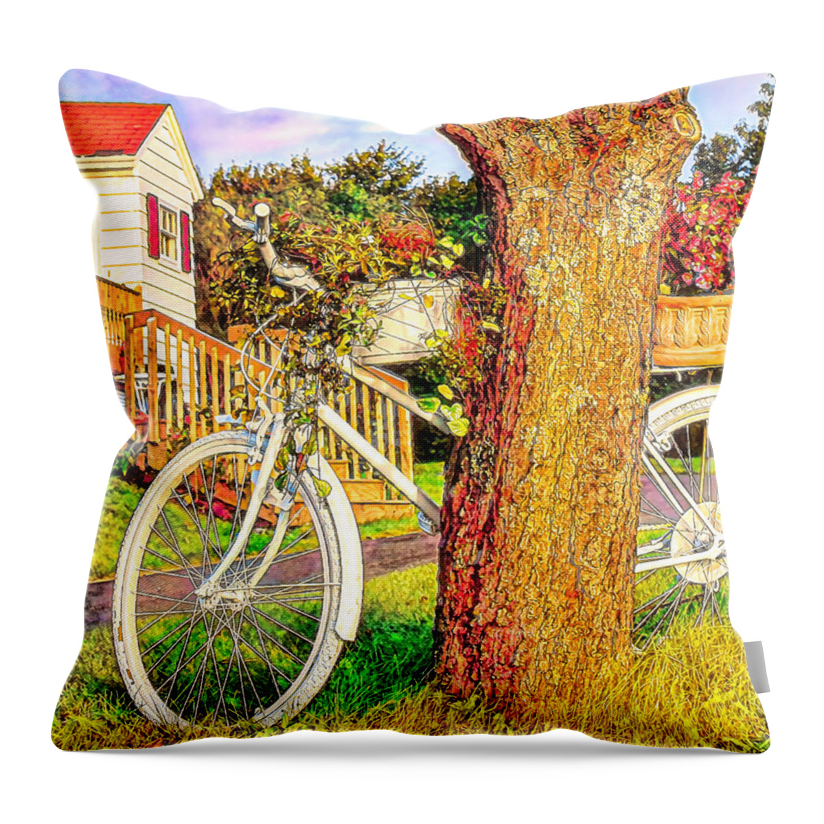 Bike Throw Pillow featuring the digital art Bike with flowers by Tatiana Travelways