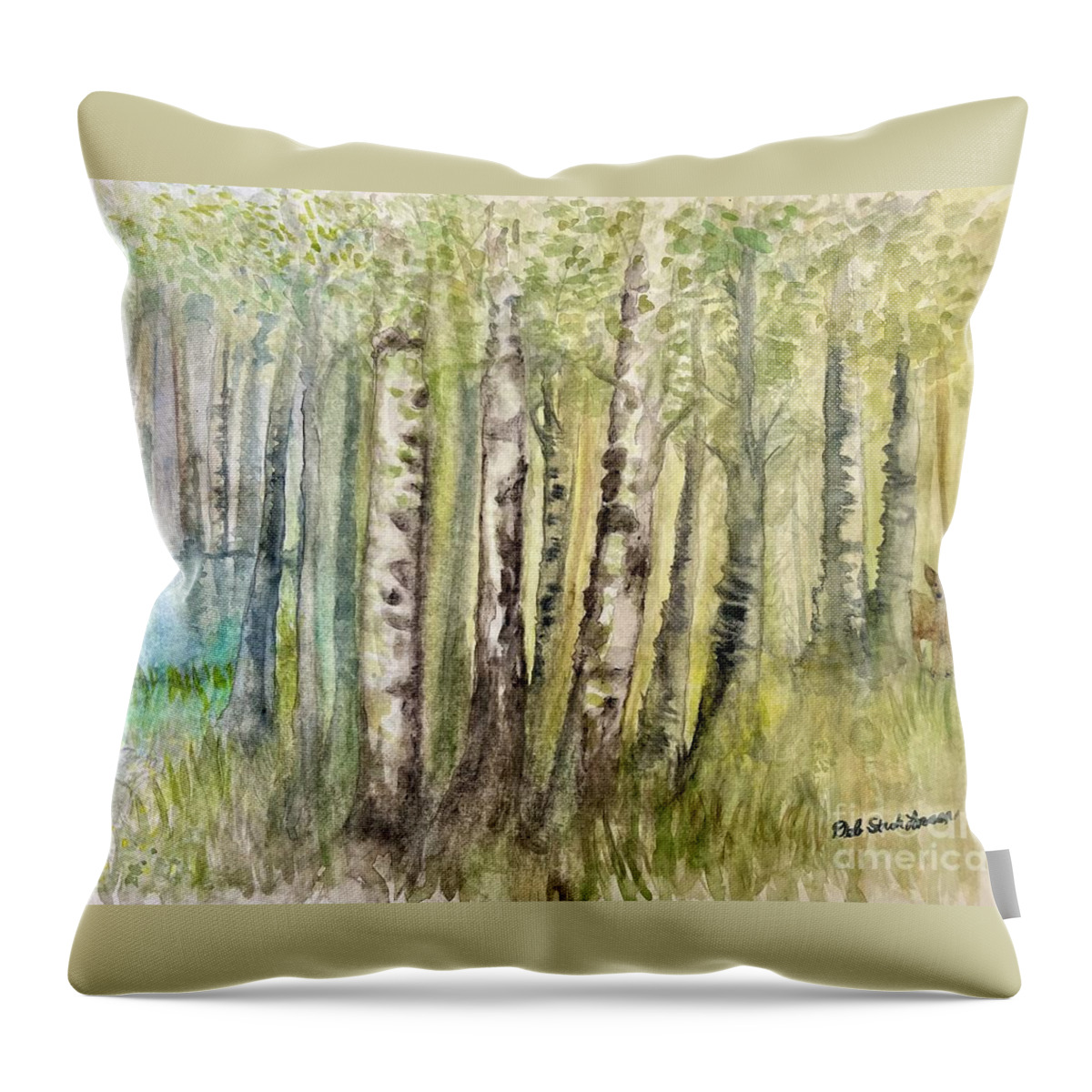 Birch Trees Throw Pillow featuring the painting Birch Forest Visitor by Deb Stroh-Larson