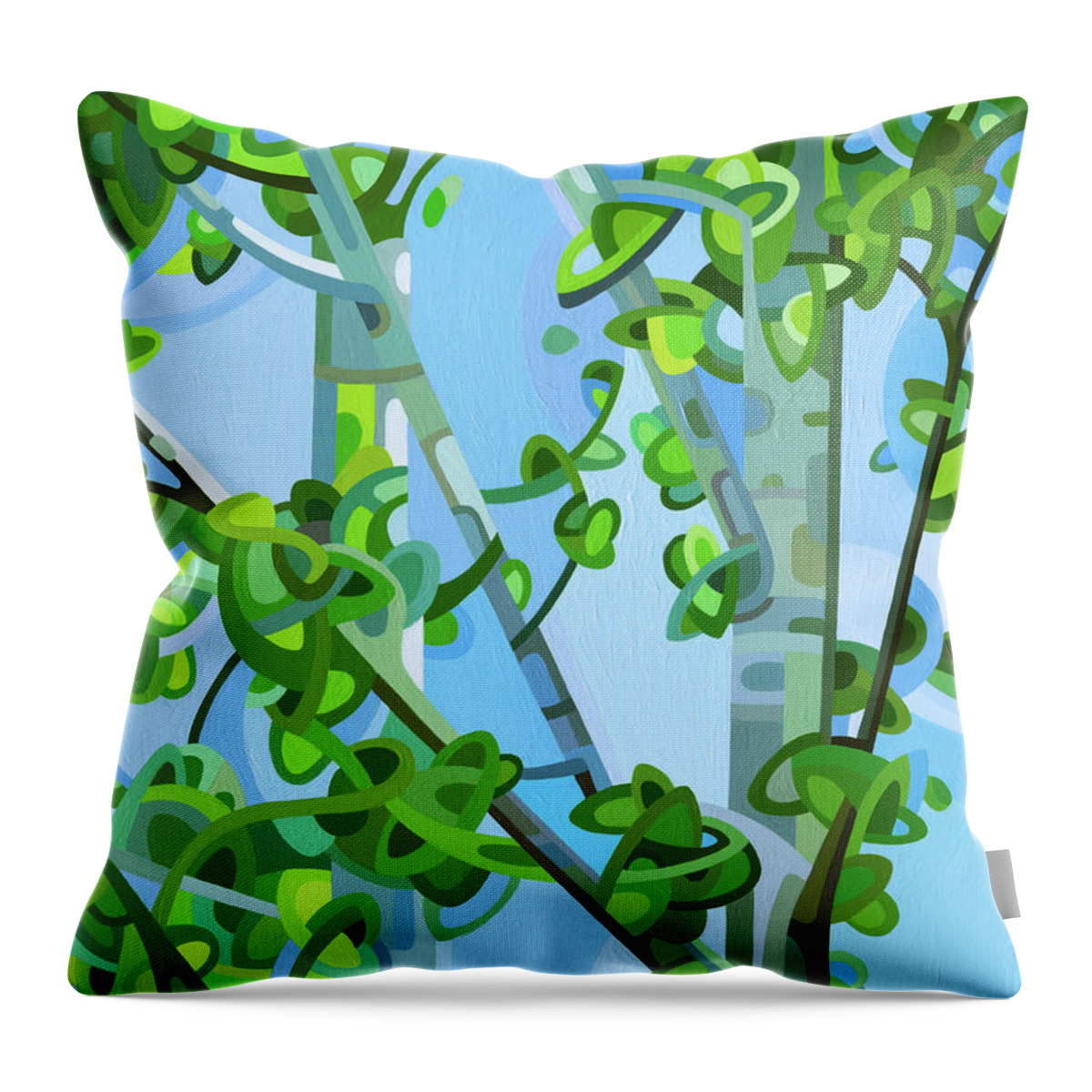 Summer Birch Forest Green Grey Blue Dappled Light Throw Pillow featuring the painting Birch Light by Mandy Budan