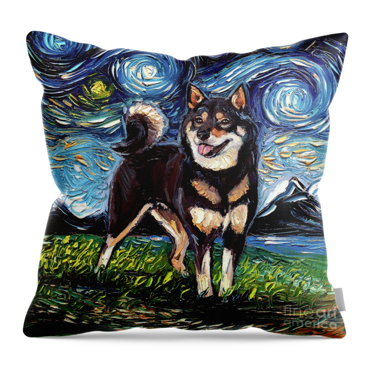 Shiba Inu Throw Pillow featuring the painting Black and Tan Shiba Inu Night by Aja Trier