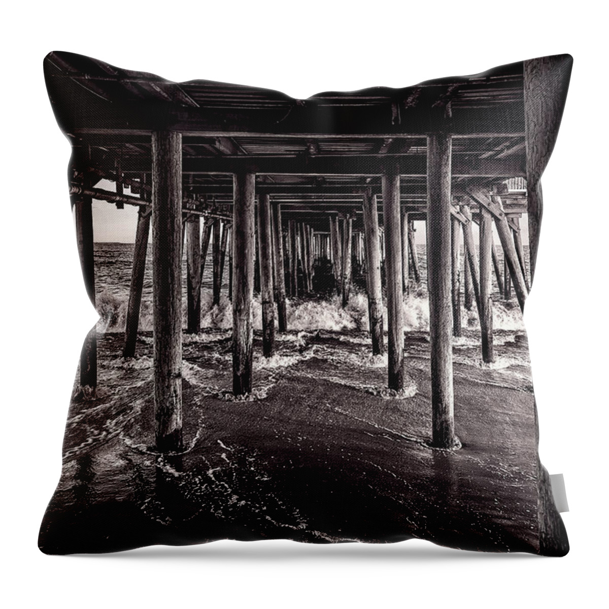 Best Maine Photos Throw Pillow featuring the photograph Black and White Under the Boardwalk - Old Orchard Beach in Maine by Mitchell R Grosky