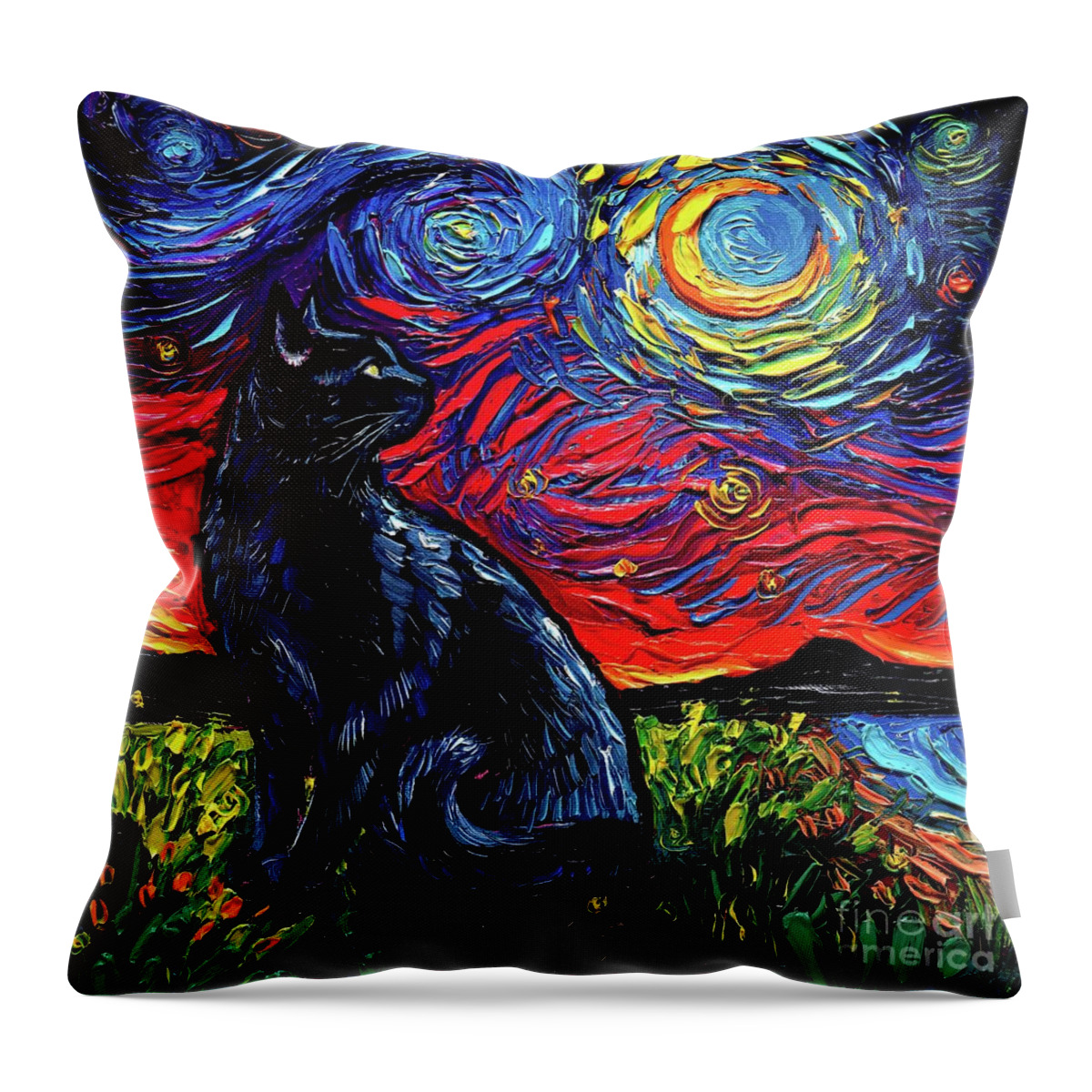 Black Cat Night 2 Throw Pillow featuring the painting Black Cat Night 2 by Aja Trier