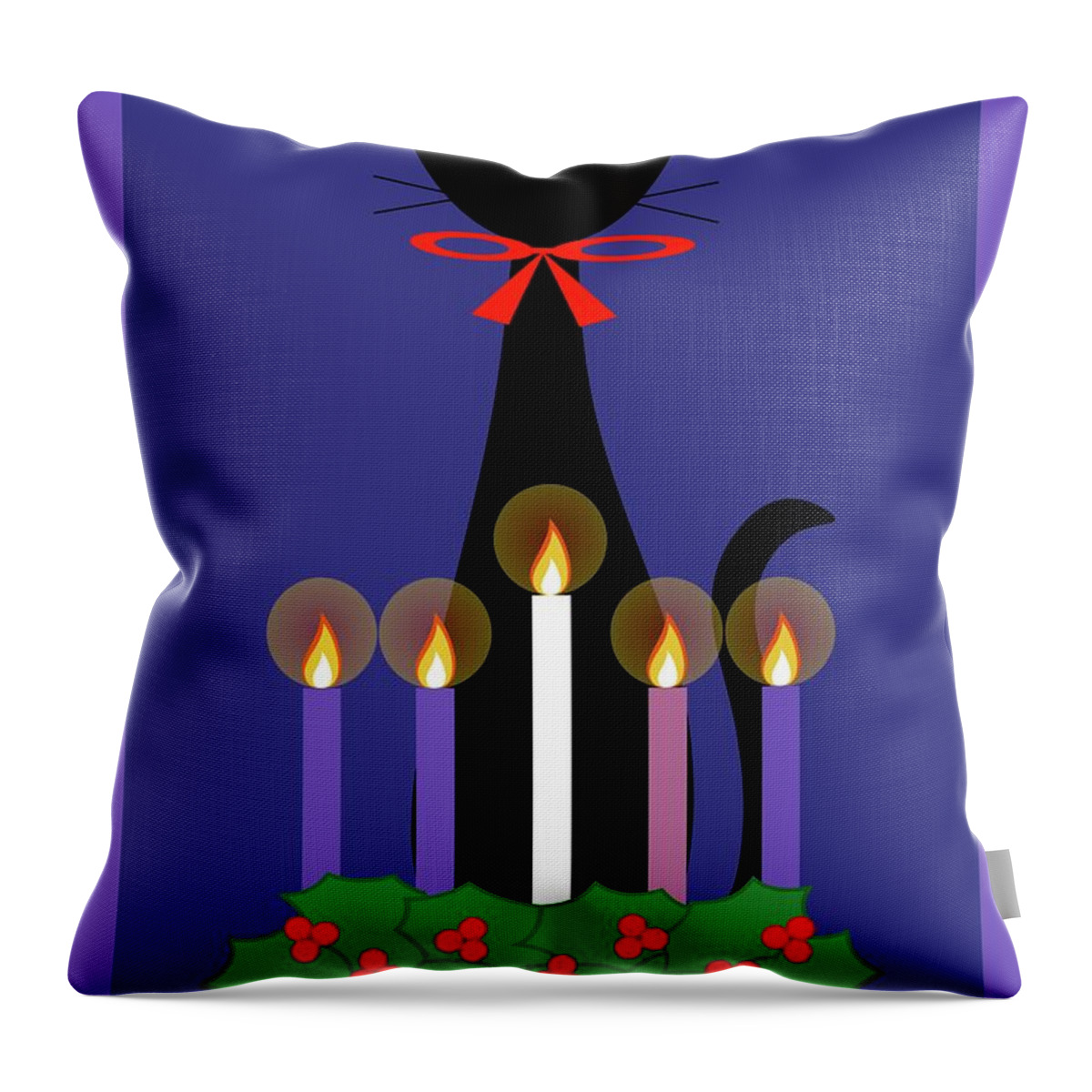Christmas Throw Pillow featuring the digital art Black Cat with Christmas Advent Wreath by Donna Mibus