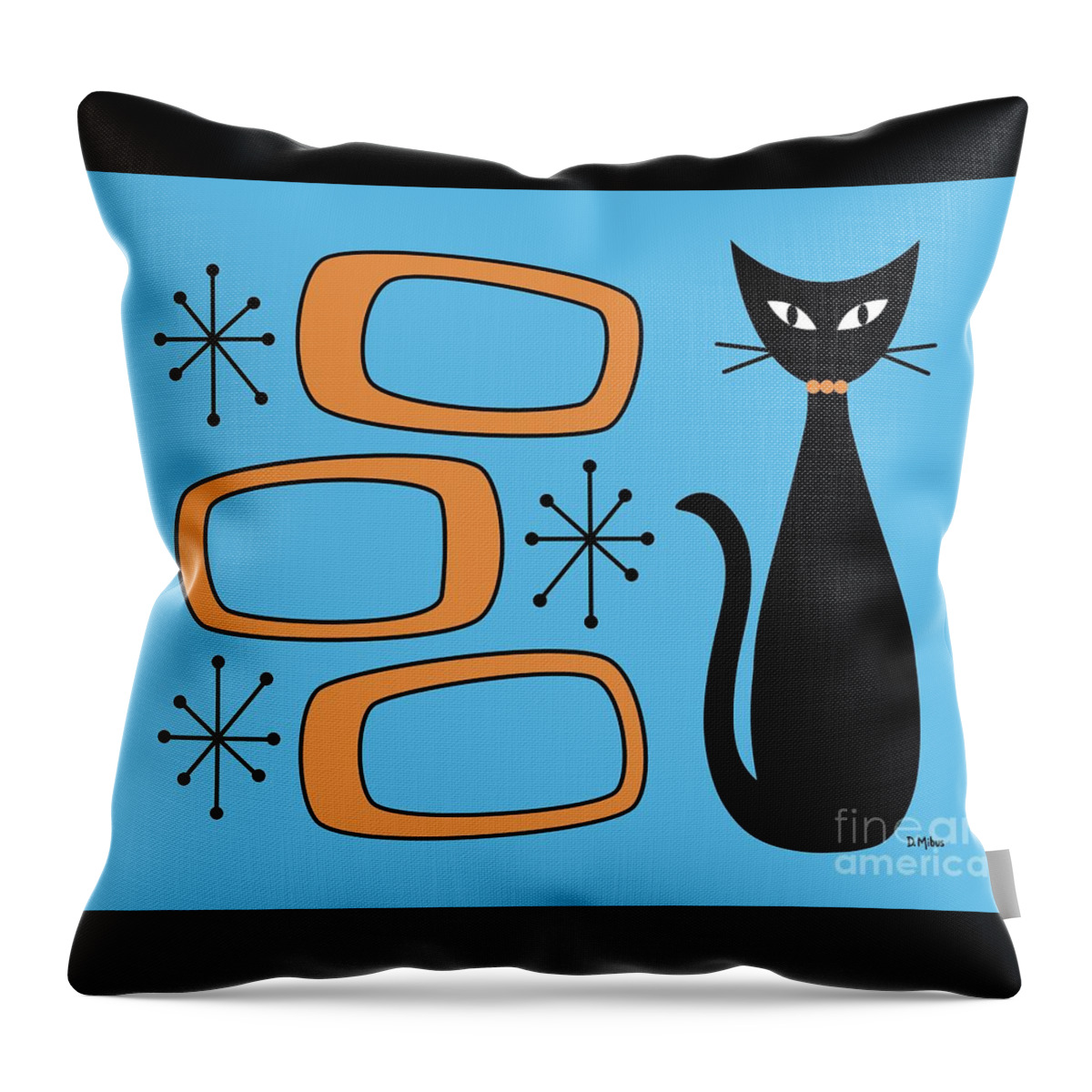 Mid Century Cat Throw Pillow featuring the digital art Black Cat with Mod Oblongs Blue by Donna Mibus
