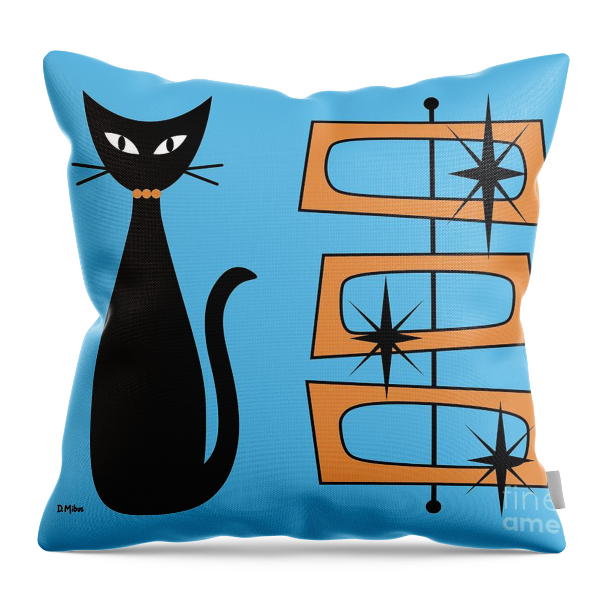 Mid Century Cat Throw Pillow featuring the digital art Black Cat with Mod Rectangles Blue by Donna Mibus
