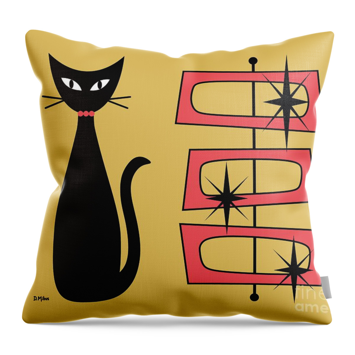 Mid Century Cat Throw Pillow featuring the digital art Black Cat with Mod Rectangles Yellow by Donna Mibus