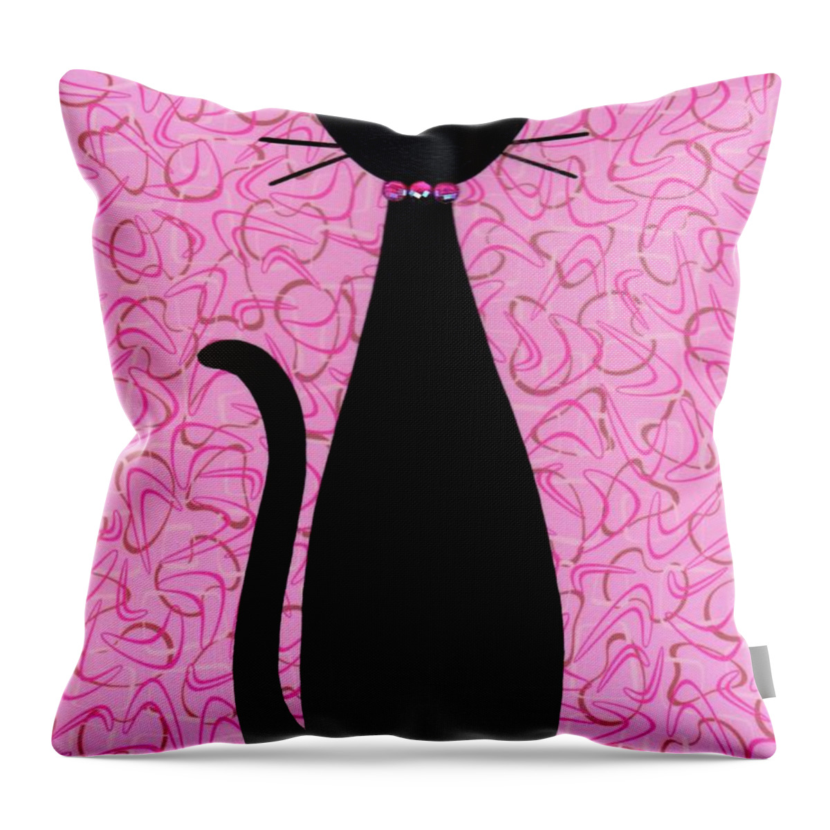 Mid Century Modern Black Cat Throw Pillow featuring the mixed media Black Cat with Pink Rhinestone Collar by Donna Mibus