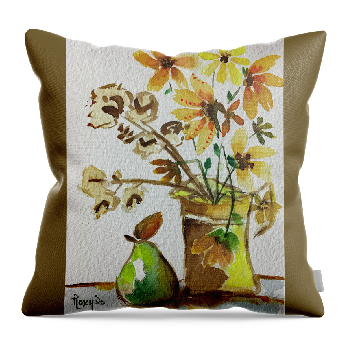 Still Life Throw Pillow featuring the painting Black eyed Susans and a Pear by Roxy Rich