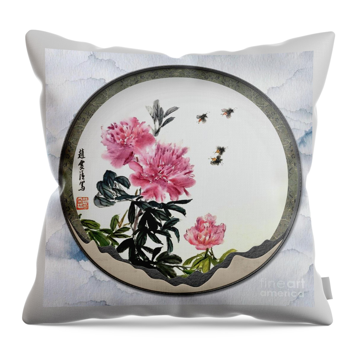 Pretty Throw Pillow featuring the painting Blooming Flowers and Full Moon Brings Longevity by Carmen Lam