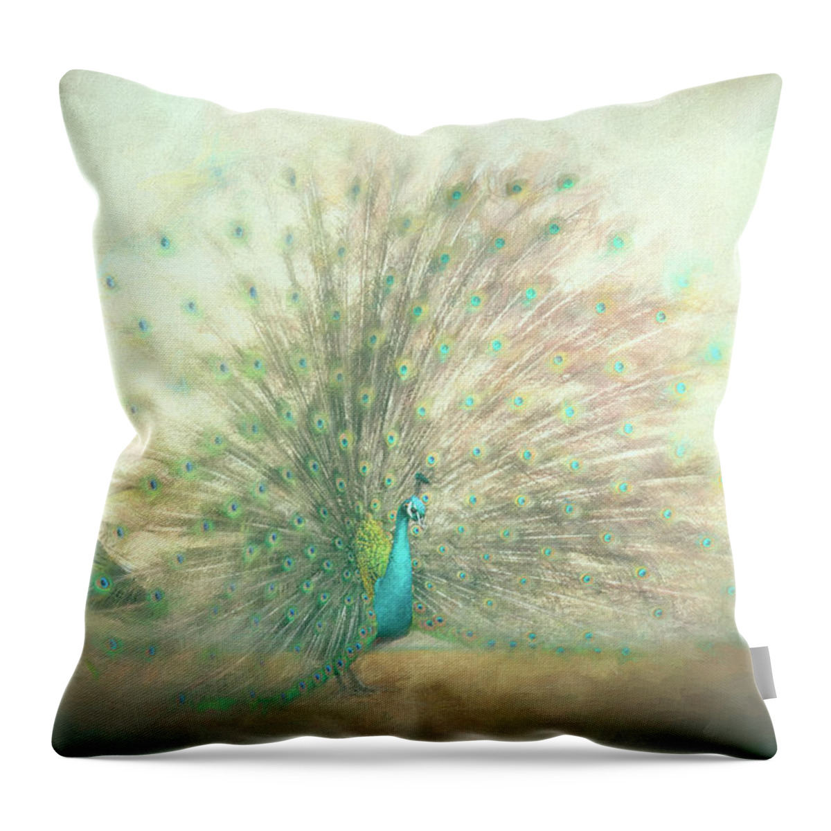 Peacock Throw Pillow featuring the painting Blooming Peacock in Mint Green by Jai Johnson