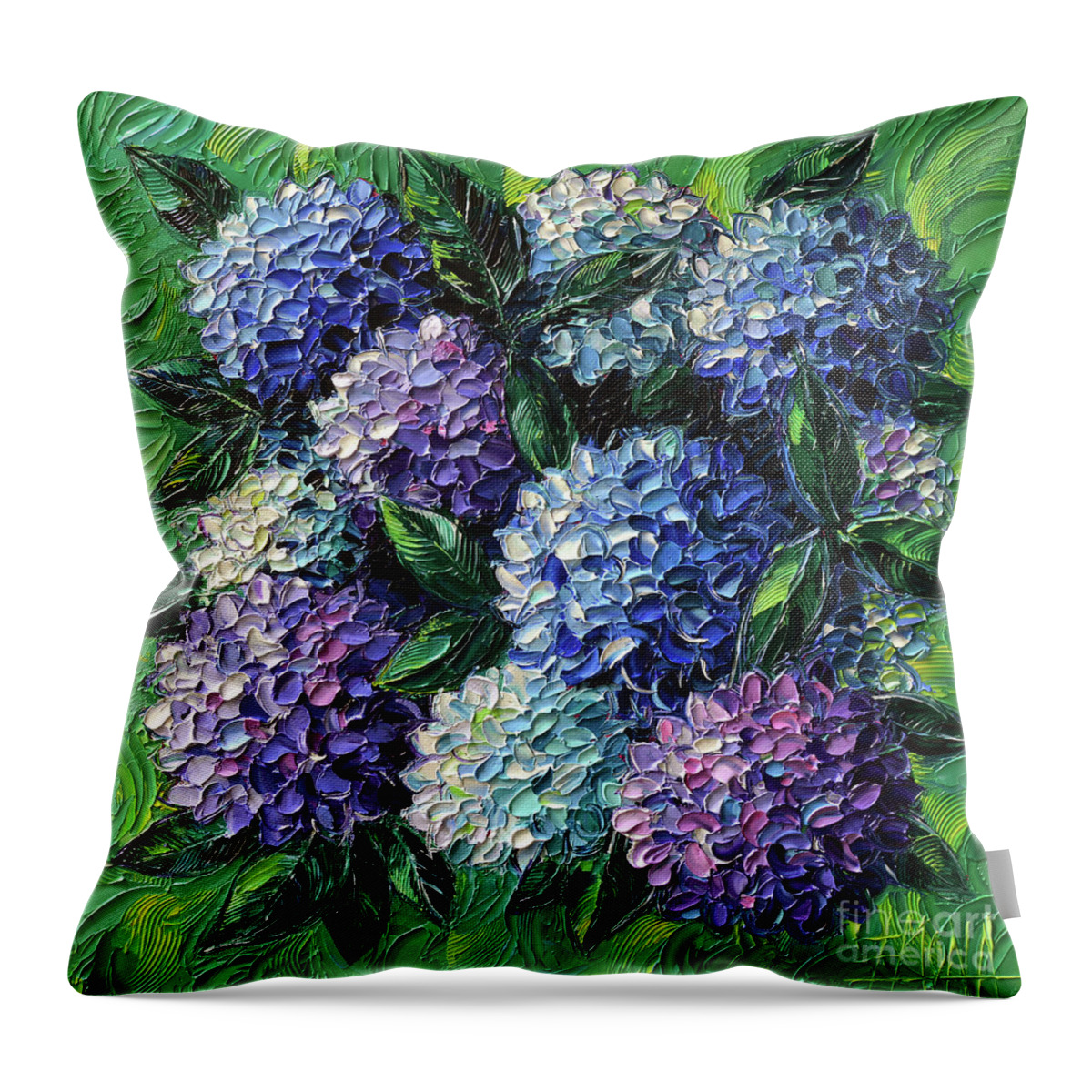 Hydrangeas Throw Pillow featuring the painting Blue And Purple Hydrangeas by Mona Edulesco
