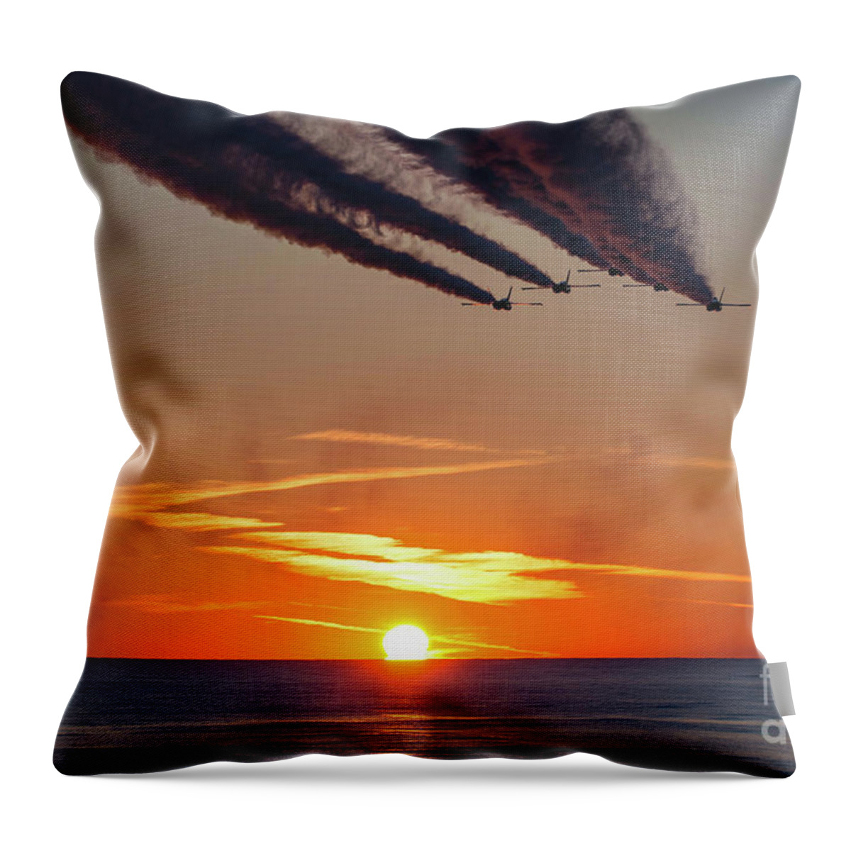 Blue Angels Throw Pillow featuring the photograph Blue Angels Flying Over The Sunset by Beachtown Views