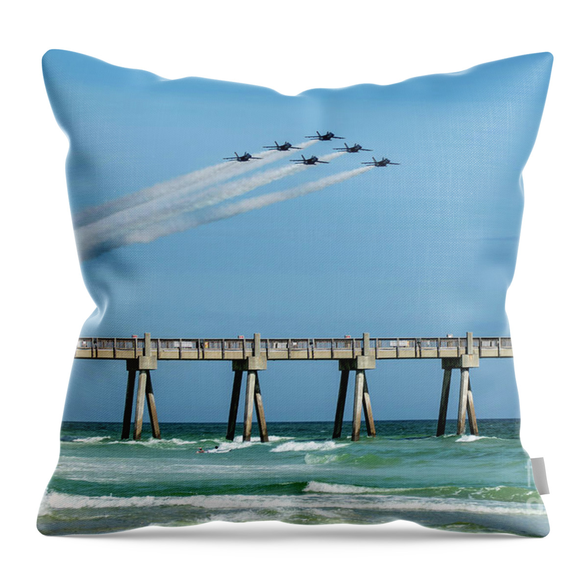 Blue Angels Throw Pillow featuring the photograph Blue Angels Over Pensacola Beach Fishing Pier by Beachtown Views