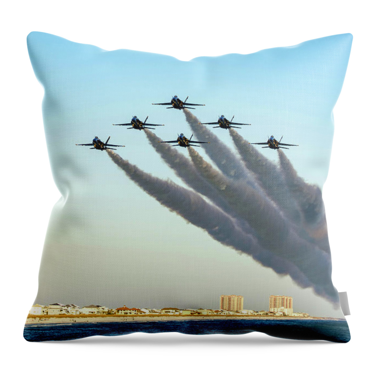 Blue Angels Throw Pillow featuring the photograph Blue Angels over Pensacola Beach, Florida by Beachtown Views