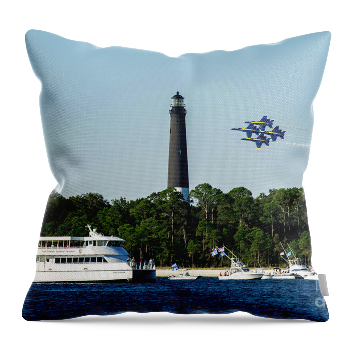 Blue Angels Throw Pillow featuring the photograph Blue Angels over Pensacola Lighthouse and Ferry by Beachtown Views