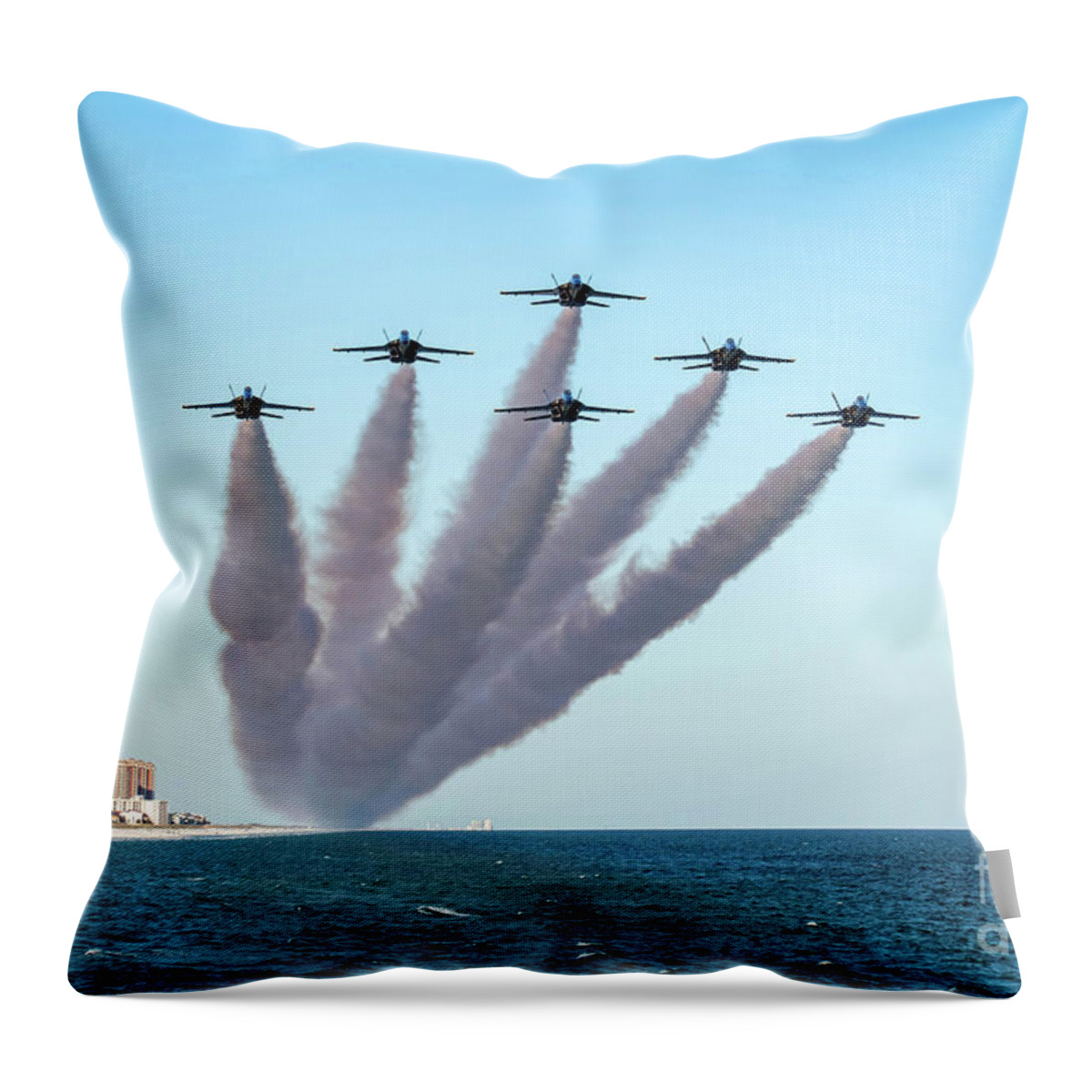 Blue Throw Pillow featuring the photograph Blue Angels Pensacola Beach Fishing Pier Flyover by Beachtown Views