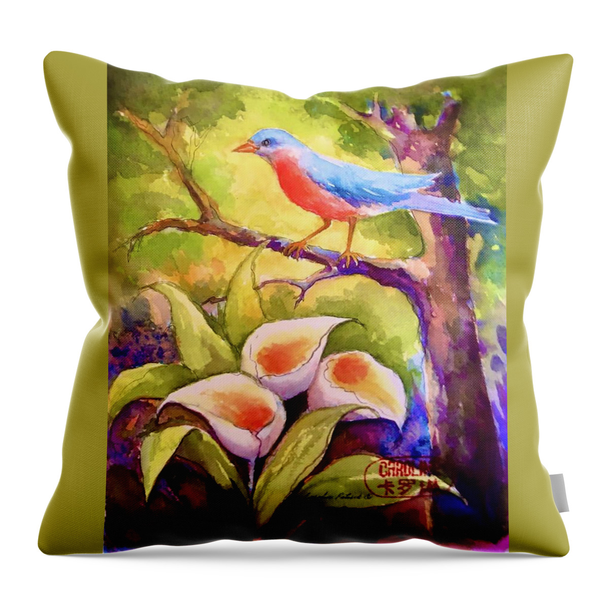 Blue Bird Speaking Throw Pillow featuring the painting Blue Bird whispers by Caroline Patrick