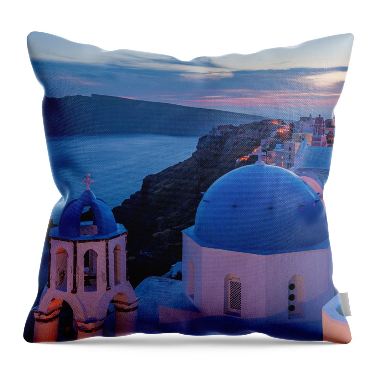 Aegean Sea Throw Pillow featuring the photograph Blue Domes Of Santorini by Evgeni Dinev